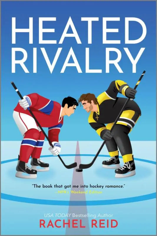 De boekcover van heated rivalry door rachel reid toont twee ijshockeyspelers in rood en zwart-gele tenues tegenover elkaar