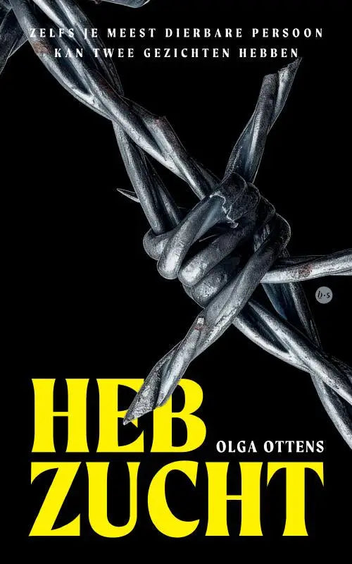 De boekcover van hebzucht toont gele tekst en gedraaide prikkeldraad over een zwarte achtergrond over twee gezichten van een dierbare persoon