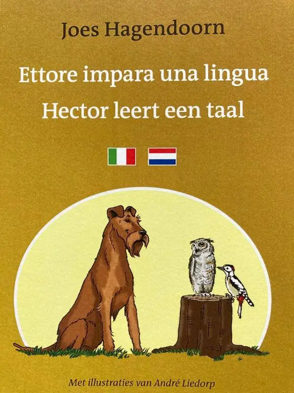 A brown irish terrier attentively sits by a tree stump with an owl and woodpecker in ettore impara una lingua