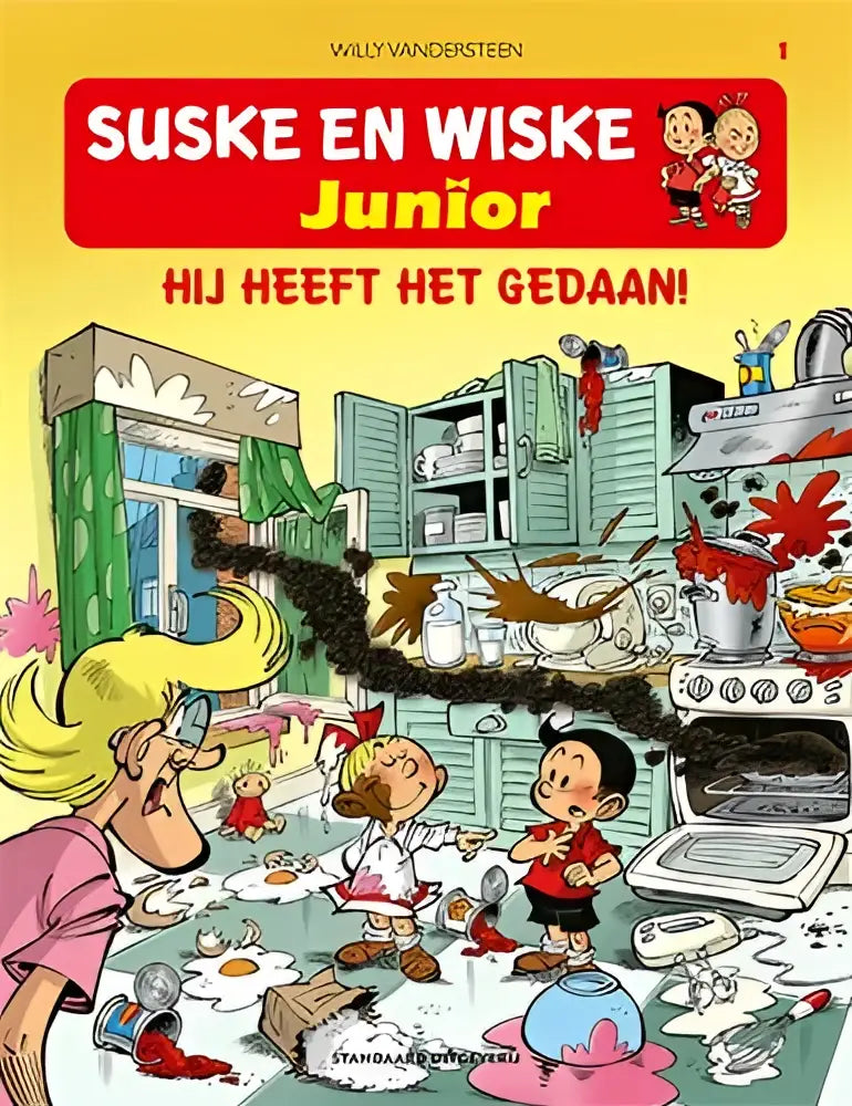 Cover van junior suske comic boek hij heeft het gedaan met chaotische keukenscène en levendige kleuren