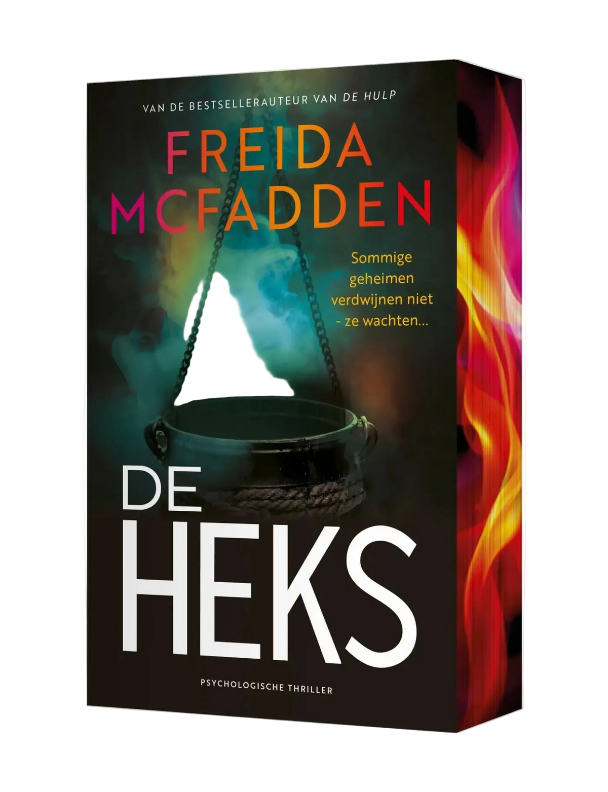 Zwart boekomslag van de heks met hangende ketel en vurige oranje en rode vlammen door freida mcfadden