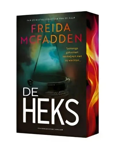 De heks boekcover door Freida McFadden toont psychologische spanning met donkere oranje en zwarte kleuren