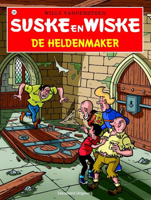 De cover van het comicboek suske en wiske de heldenmaker door willy vandersteen met een rode banner en informatieve stripsillustraties