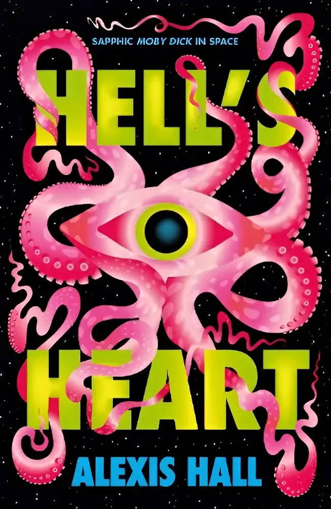 De boekhoes van hells heart toont een levendige roze octopus met slingers rond de titel in gele letters op zwarte achtergrond