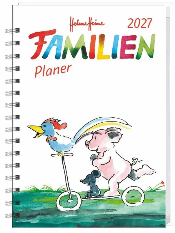 Helme heine familienplaner 2027 a5 met bunte regenbogenbuchstaben und cartoon-tiere auf roller met einstecktasche und schulferien