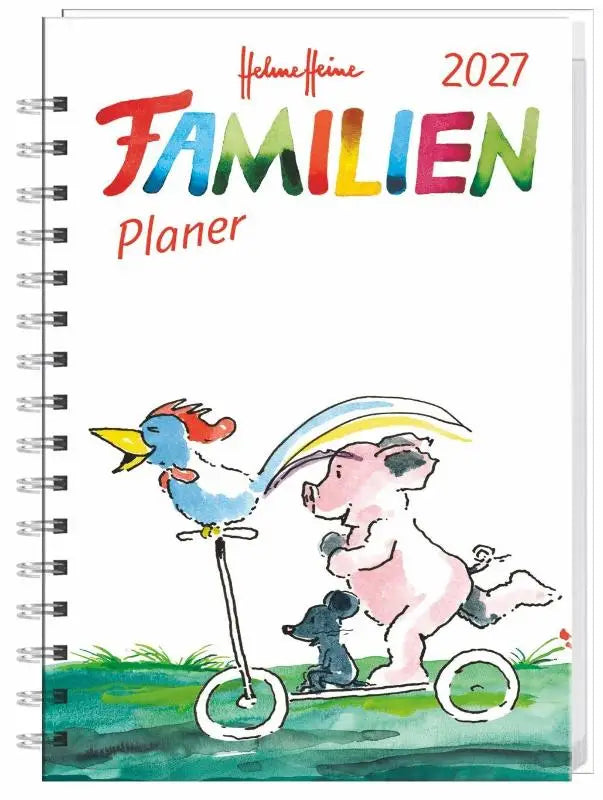 Helme heine familienplaner 2027 met kleurrijke regenboogtitel en vrolijke illustratie, einstecktasche und schulferien