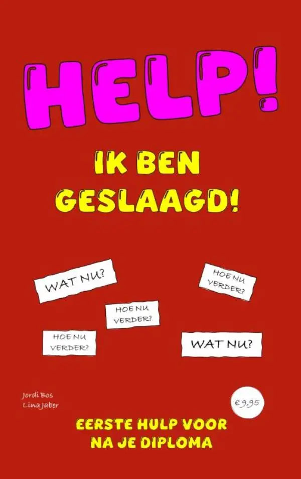 Vibrant rode boekcover van help ik ben geslaagd eerste hulp na je diploma met roze en gele tekst en prijs van 9 9 euro