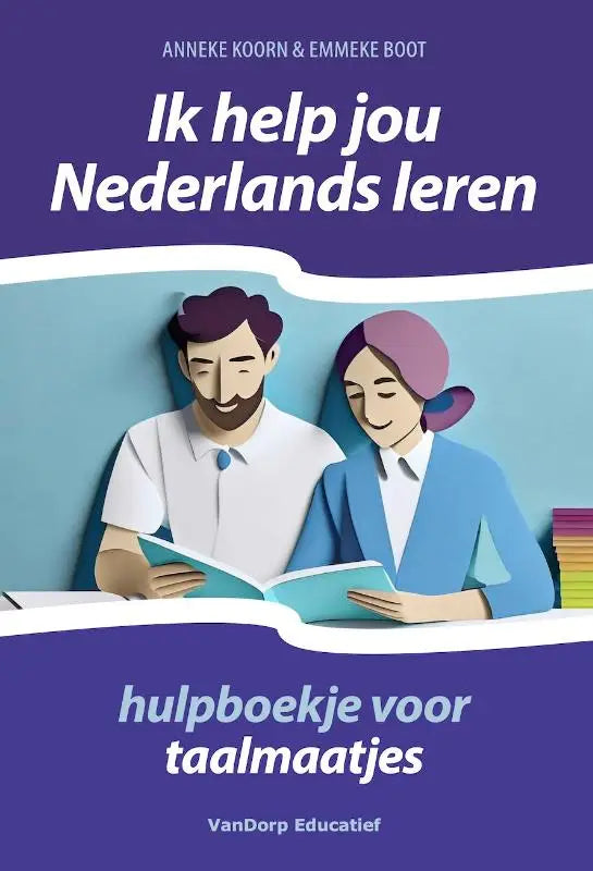 Paars en wit geïllustreerde boekomslag van hulpboekje met twee cartoonfiguren die samen nederlands leren