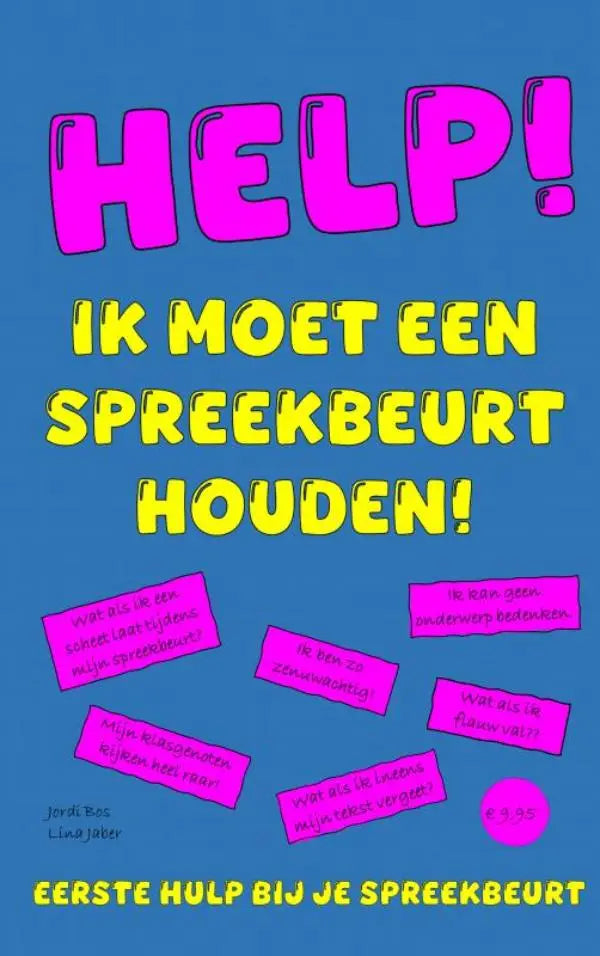 Boek cover van educatieve uitgaven help ik moet een spreekbeurt houden met blauwe achtergrond en roze gele tekst