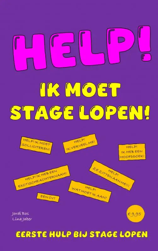 Paars boek met opvallende roze en gele tekst help ik moet stage lopen en gele plaknotities voor stage lopen hulp