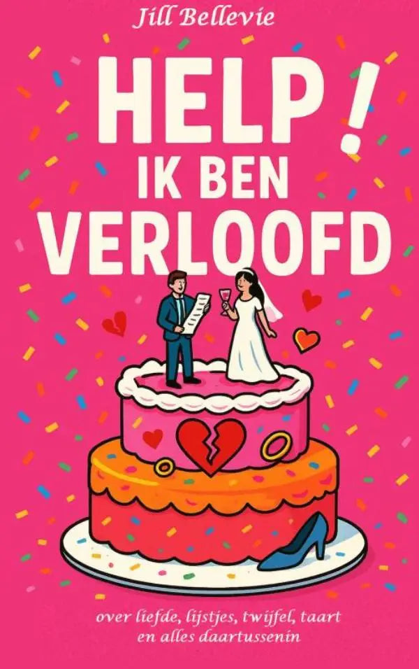Een levendige roze en oranje tweelaagse bruidstaart met een gebroken hart en bruidspaarfiguurtjes alles daartussenin