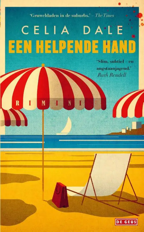 Een helpende hand rode en witte gestreepte strandparasol met gele stok op goudachtig zand naast een ligstoel