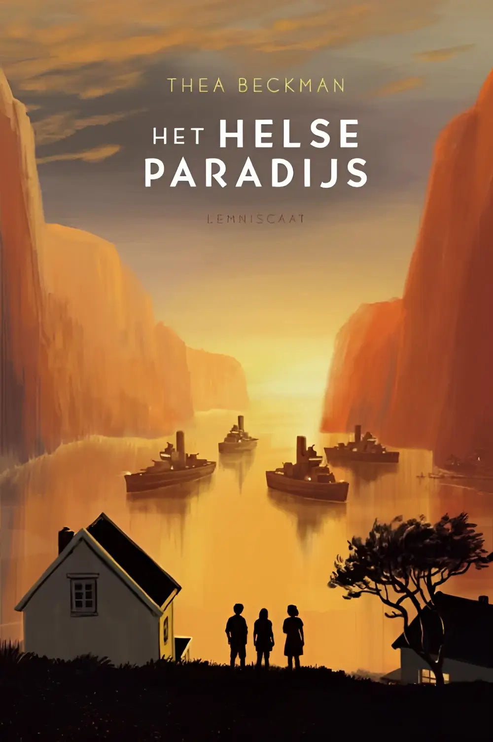 Het helse paradijs boekcover van thea beckman toont gestileerde boten in een canyon bij zonsondergang nederlandstalig hardback