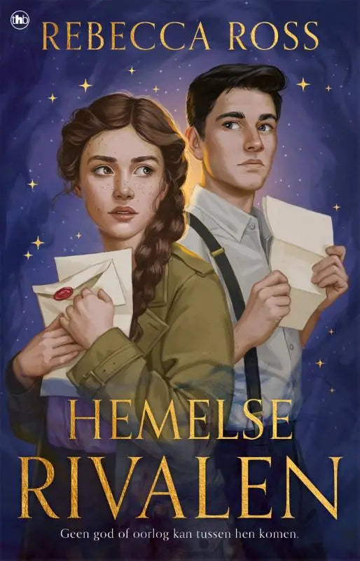 De boekcover van hemelse rivalen toont een jonge vrouw met bruine vlechten en groene jas naast een man onder een sterrenhemel