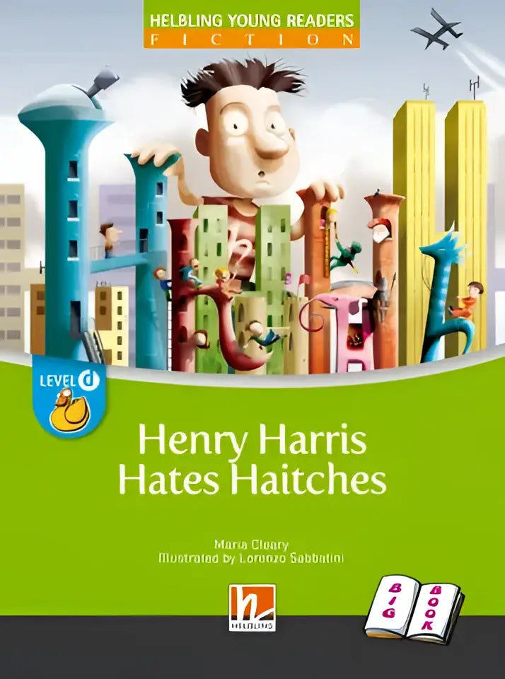 Groene boekomslag met cartoonjongen over kleurrijke gebouwen, Henry Harris Hates Haitches Big Book