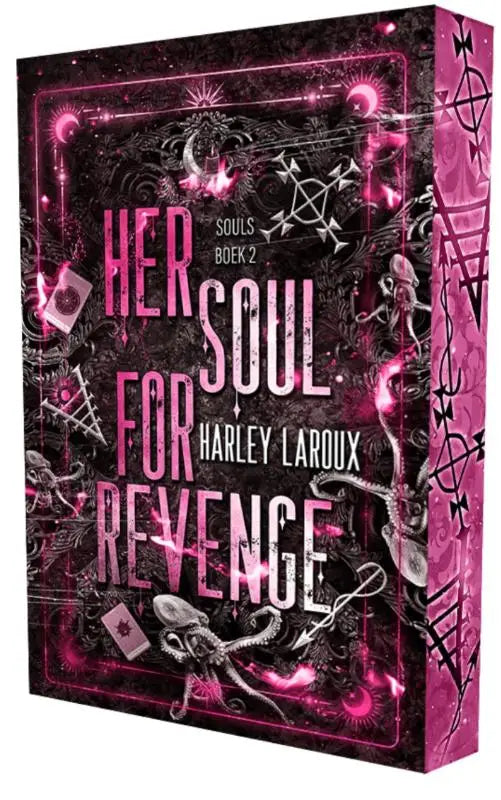 A dark rectangular book titled her soul for revenge by harley laroux with pink black occult symbols and octopus design