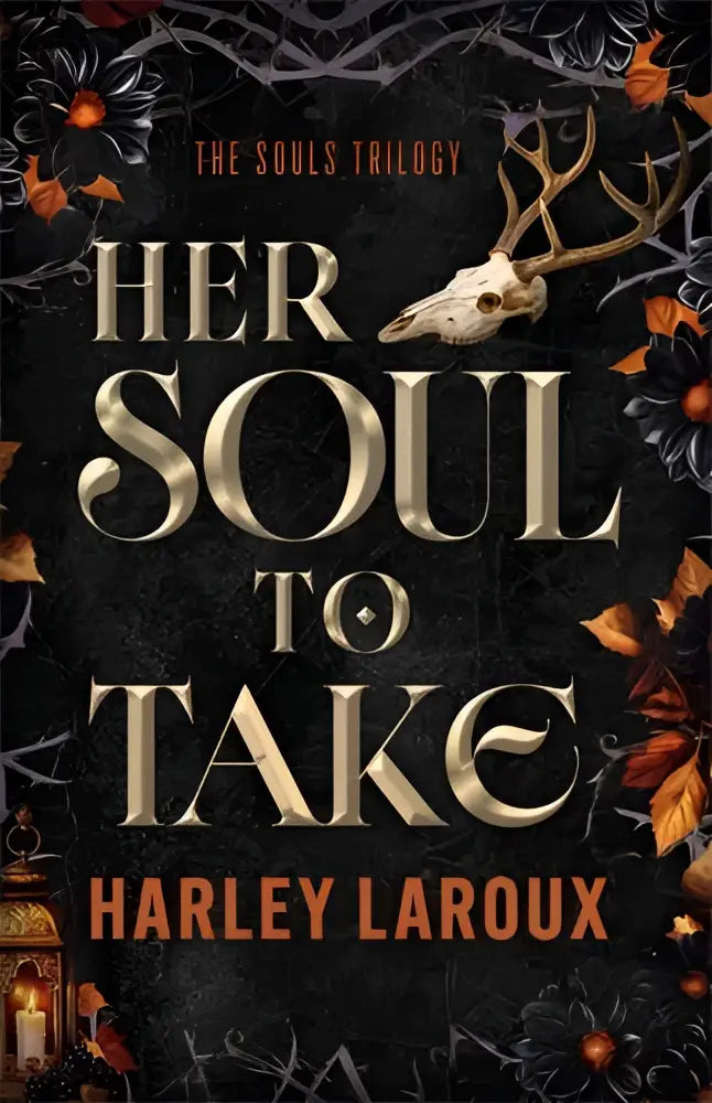 De covers van her soul to take tonen een boek met een hertenschedel en herfstbloemen in goud en donker thema