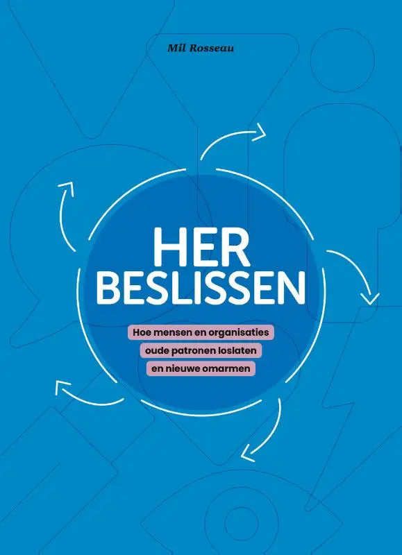 Blauw boek herbeslissen met witte tekst en cirkelvormige elementen over organisaties oude patronen loslaten en nieuwe omarmen