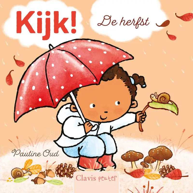 Een rode paraplu met witte stippen en witte handgreep wordt vastgehouden door een kind in een herfsttafereel voor jonge lezers