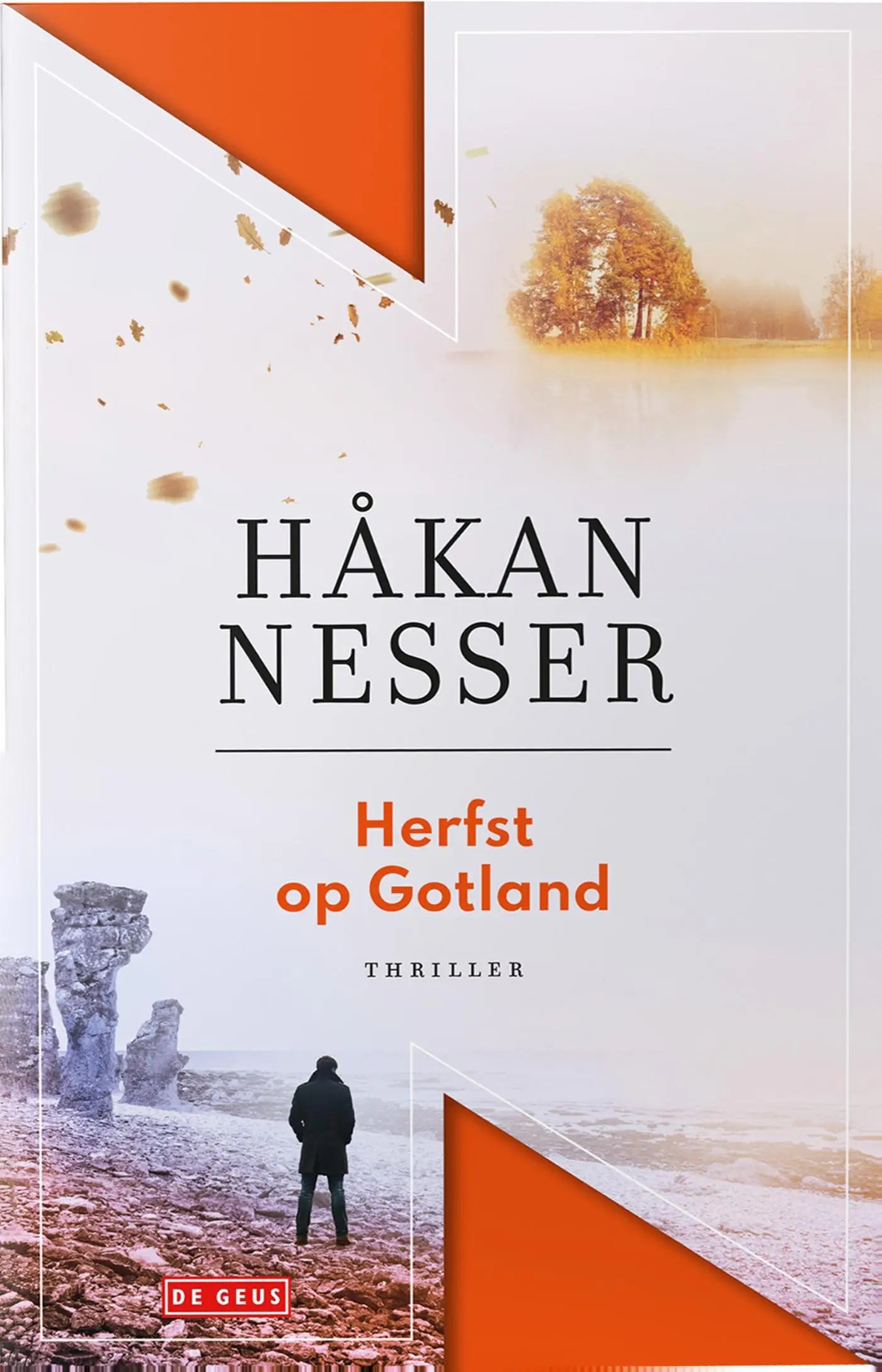 Orange en witte boekcover met een figuur voor stenen formaties en de titel herfst op gotland van håkan nesser
