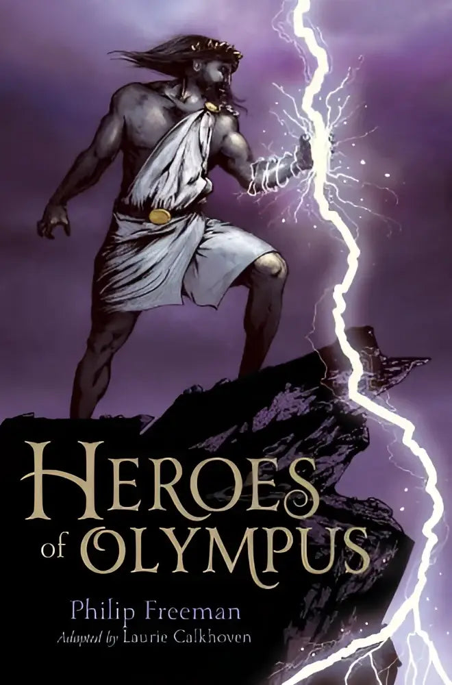 De cover van heroes of olympus door philip freeman toont een gespierde figuur in witte gewaden met bliksem tegen een paarse lucht voor religieuze studies