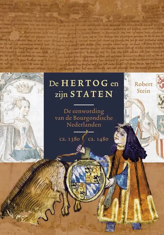 De hertog en zijn staten boek met middeleeuwse illustratie van twee figuren in historische kleding op perkament achtergrond