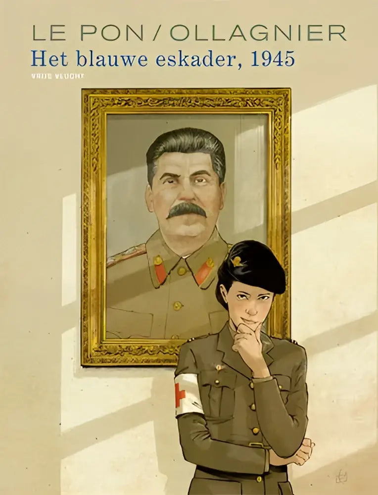 Een ingelijste portret van joseph stalin in een goudkleurige barokke lijst bij het blauwe eskader 1945