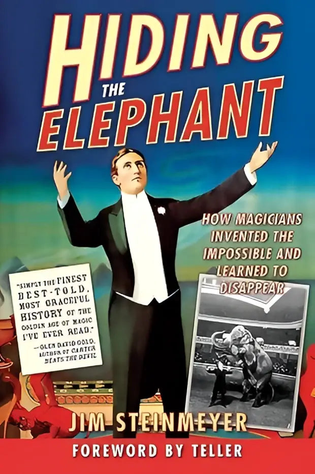 De boekcover van hiding the elephant toont de titel in vetgedrukte vintage circusstijl lettertype
