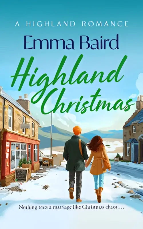 A vibrant green book cover of highland christmas showing a couple walking in a snowy town for a festive romantic comedy set