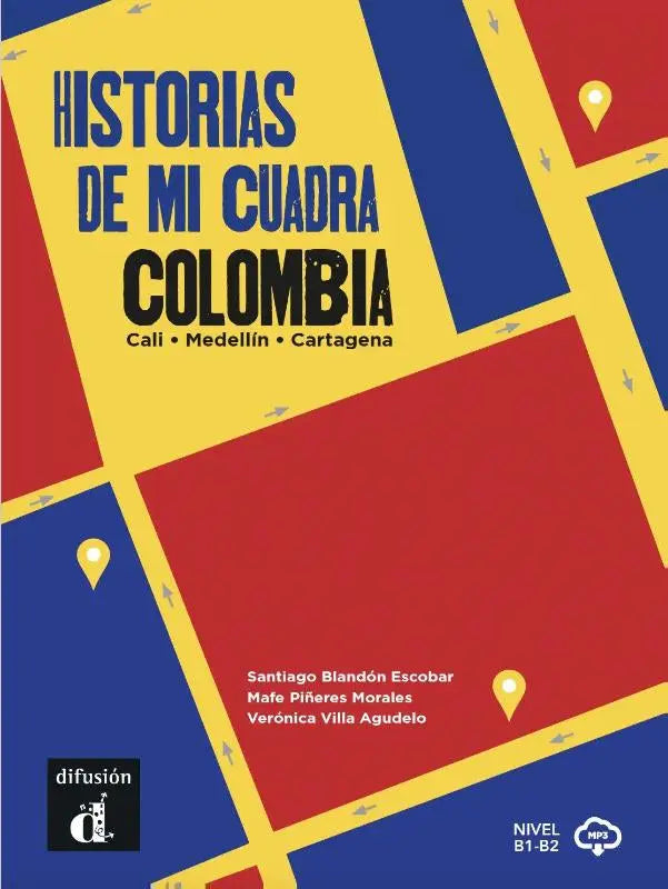 Vibrante geometrische cover van het spaanse taalleerboek historias de mi cuadra colombia met rode blauwe en gele vormen uitgeverij talenland