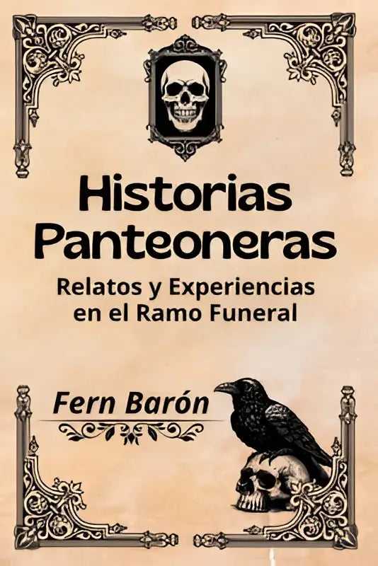 Het boek verhalen panteoneras toont een zwarte omslag met schedels en een raaf bij relatos y experiencias ramo funeral