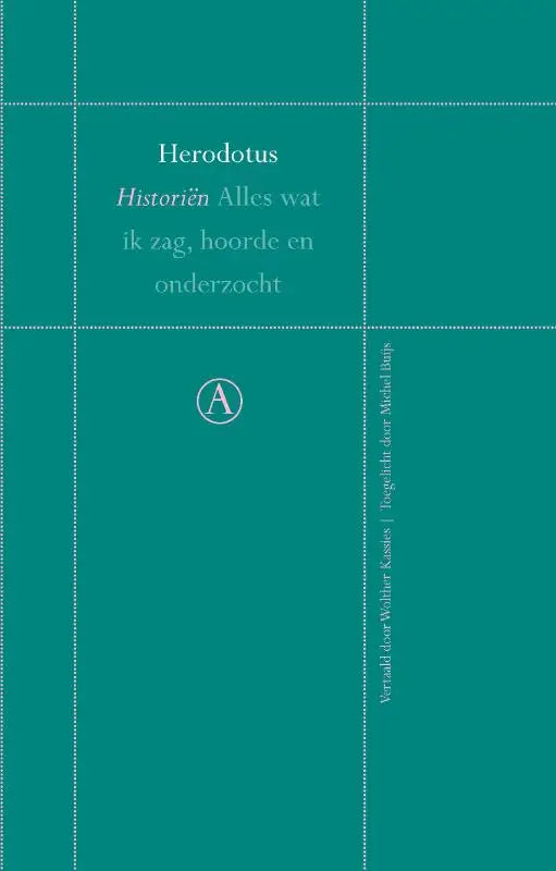 Tealkleurig boekje historiën met witte gestippelde rasterlijnen en minimalistische typografie op de cover