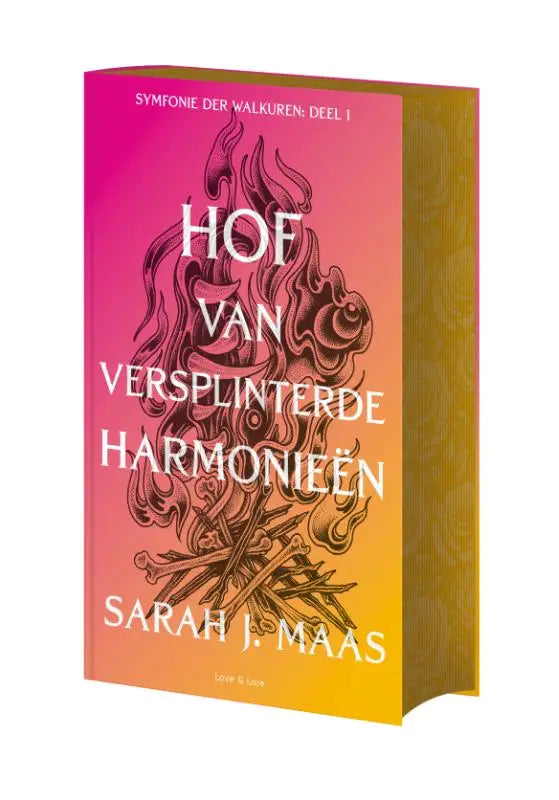 A hardcover boek met een roze naar gele verloopkleur en zwarte draaklijntekeningen uit de rozen -serie deel 6 hof van doorns en rozen