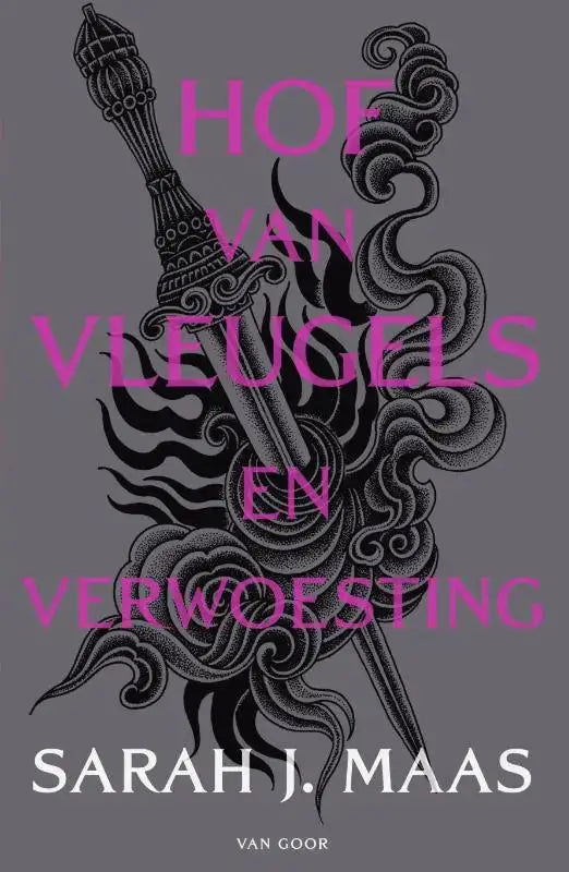 De nederlandse paperback set hof van doorns en rozen bevat een zwartwit omslag met twee ornate zwaarden en roze titel