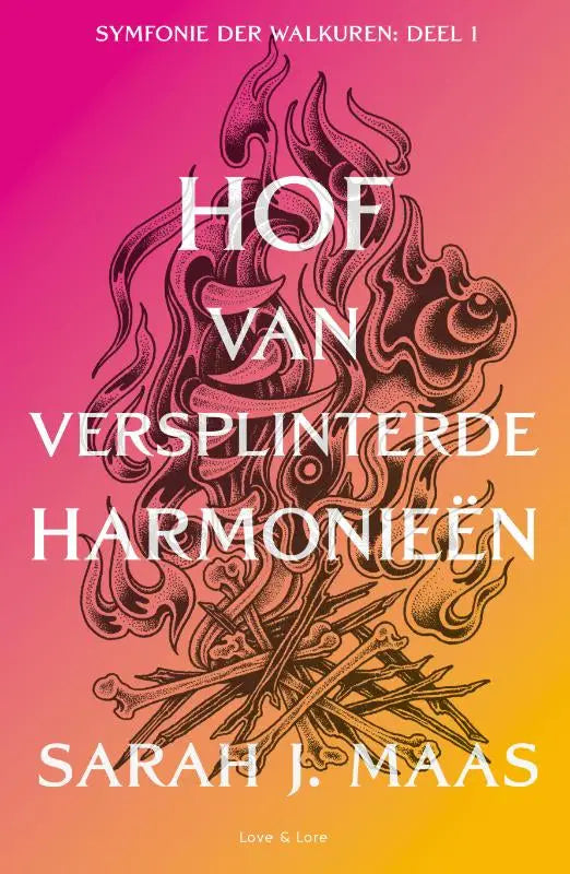 De boekcover van hof van versplinterde harmonieën toont een illustratie van vlammen en botten in donkere lijnen op een roze oranje achtergrond