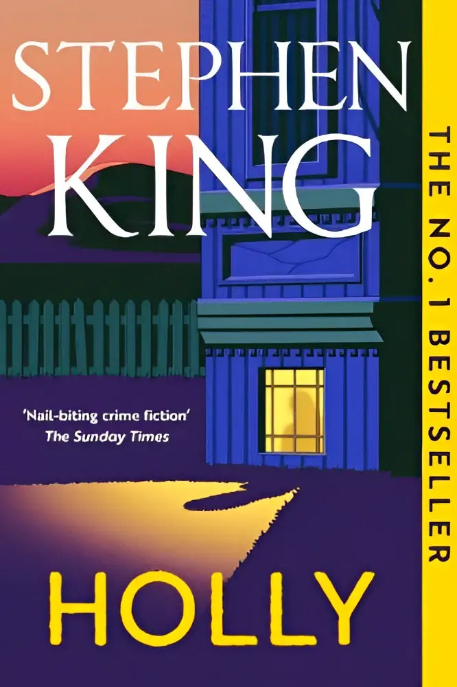 Blauw en geel paperback holly van stephen king met gestileerd huis en verlicht raam, nummer 1 bestseller