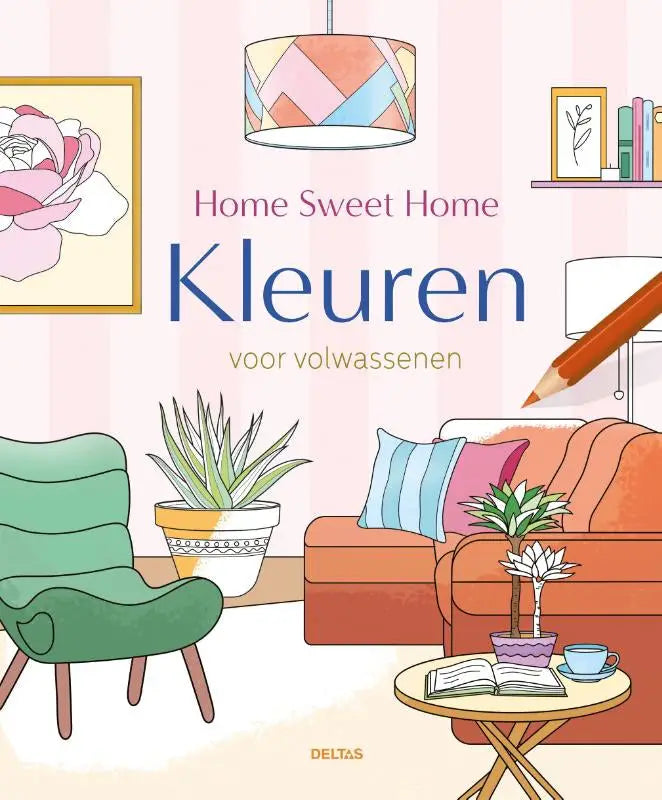De cover van het adult coloring book home sweet home kleuren voor volwassenen door deltas chantecler toont een gezellige woonkamer met pastelroze gestreepte muren