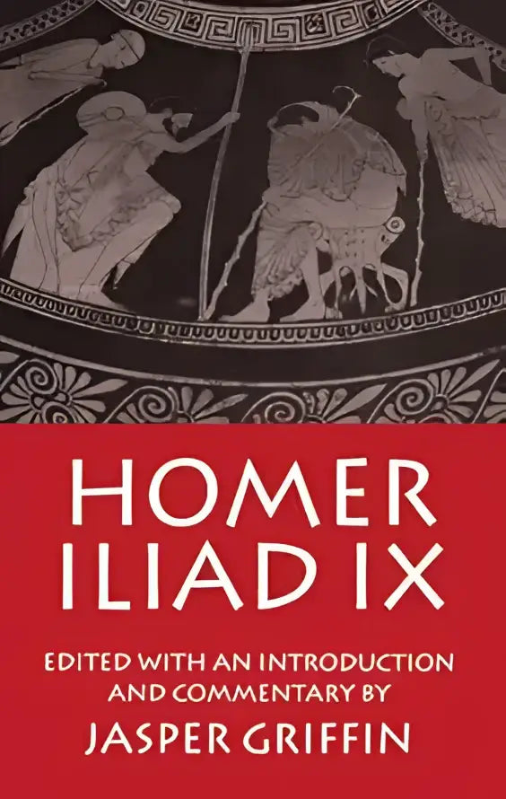 Boekomslag van homer iliad ix met zwart-wit illustratie van oude griekse figuren op een sierlijke vaas en rode titel
