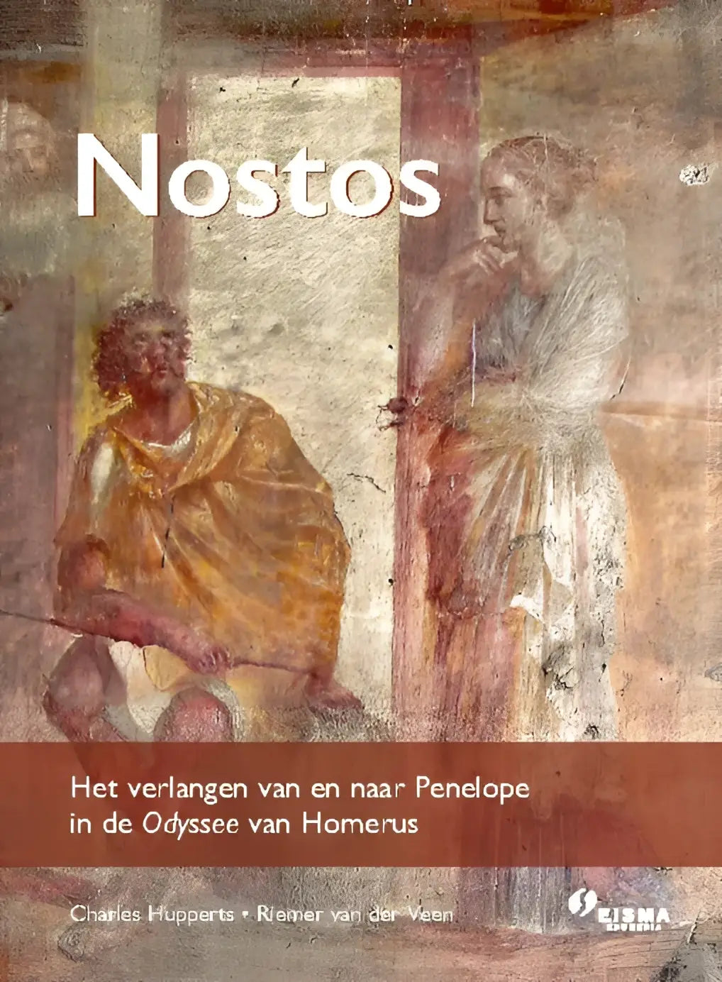De boekcover van homerus ce grieks 2026 toont een vervaagde muurschildering van twee figuren in aardetinten