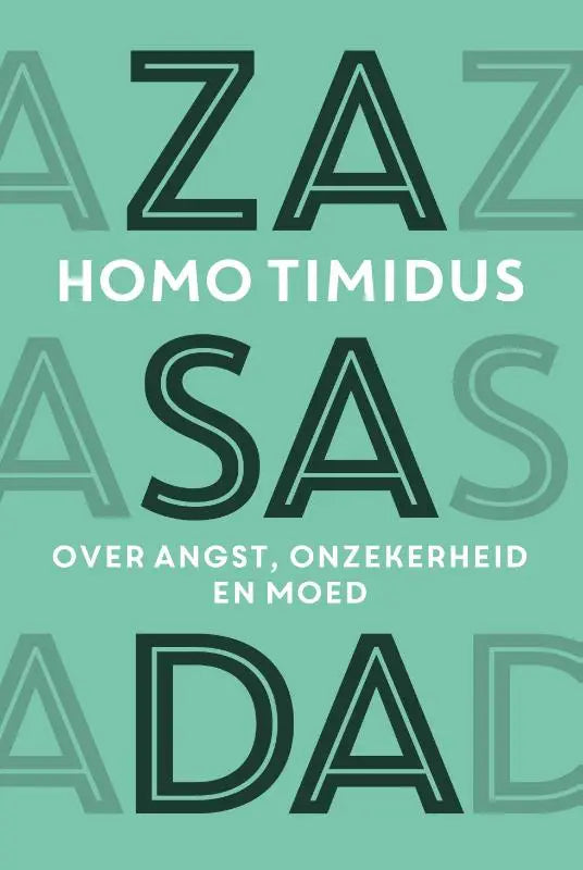 De boekcover van homo timidus toont zwarte en witte typografie op een mintgroene achtergrond met de titel duidelijk zichtbaar