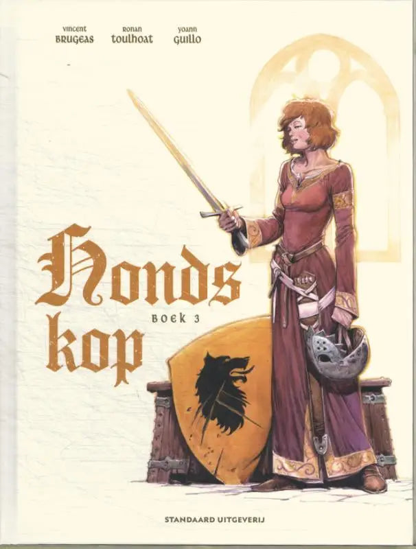 Een vrouw in een middeleeuwse maroon en goud afgewerkte jurk staat naast een oranje schild met zwarte wolf emblem hondskop vincent bruges strips algemeen