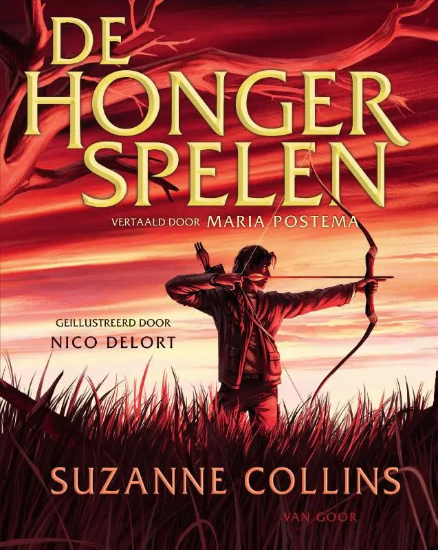 De cover van de nederlandse vertaling van De Hongerspelen door Suzanne Collins toont een jonge boogschutter in rood tegen zonsondergang