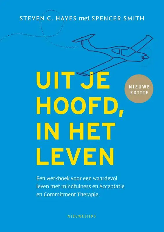 Helderblauw boekuiterlijk met gele tekst en minimale lijnillustratie van vliegtuig voor psychologie algemeen en waardevol leven