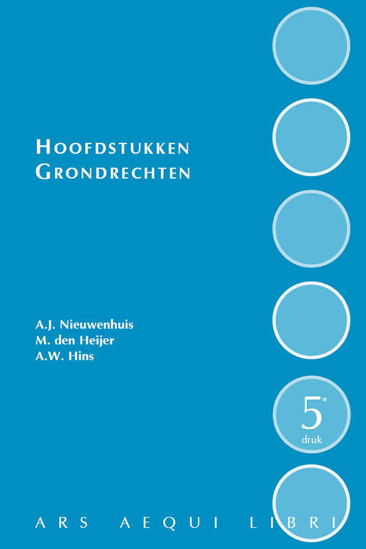 Blauwe boekcover Hoofdstukken grondrechten 6e druk met witte tekst en lichtblauwe cirkels