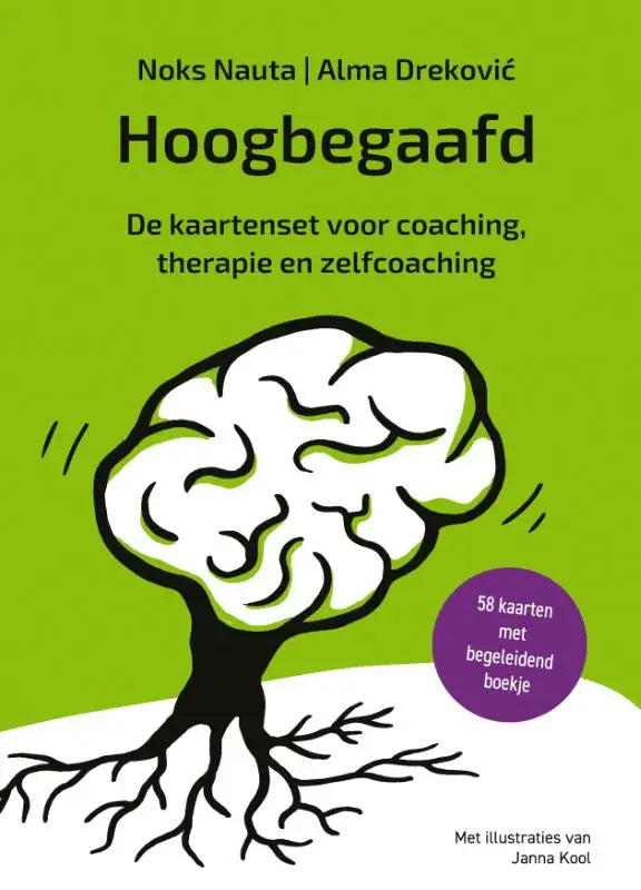 Groene kaartenset voor hoogbegaafd met een witte hersenboom en zwarte wortels voor coaching en zelfcoaching