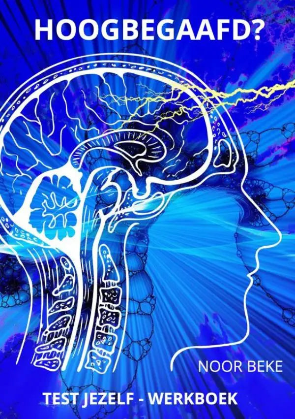 Blauw wit geïllustreerd hersendiagram op levendige blauwe achtergrond in hoogbegaafd test werkboek