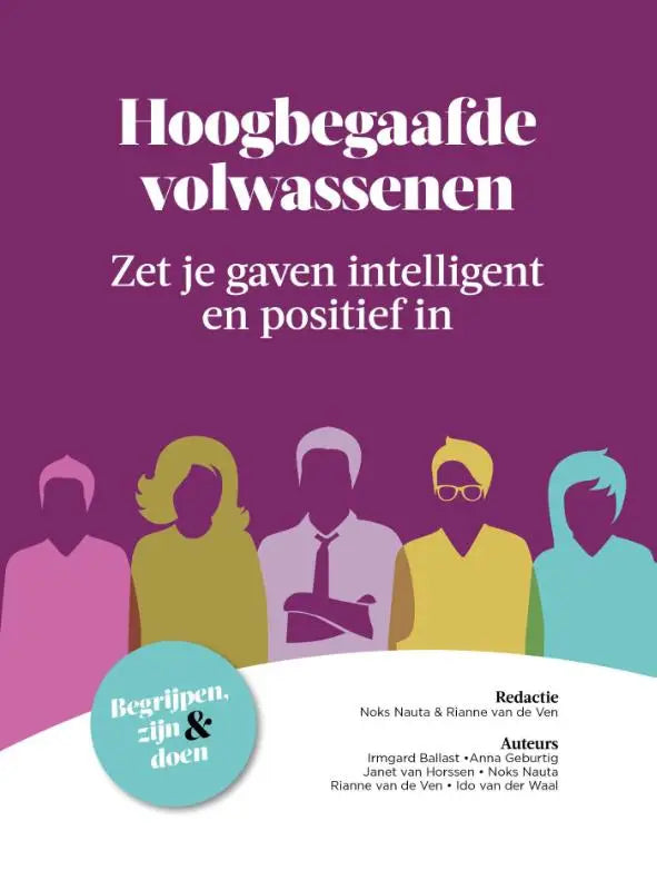 Paars boekcover van hoogbegaafde volwassenen met gestileerde silhouetten in pastelkleuren over gaven intelligent gebruik