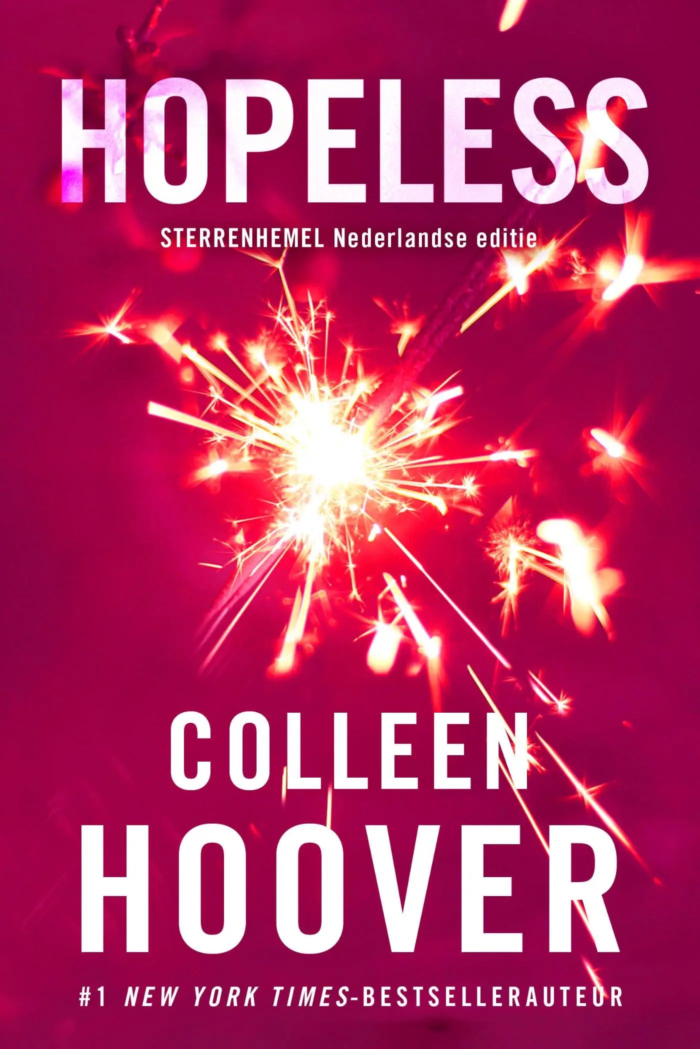 Boekcover van hopeless door colleen hoover met een levendige magenta achtergrond en rode en witte vuurwerkexplosies, nederlandstalige paperback new adult