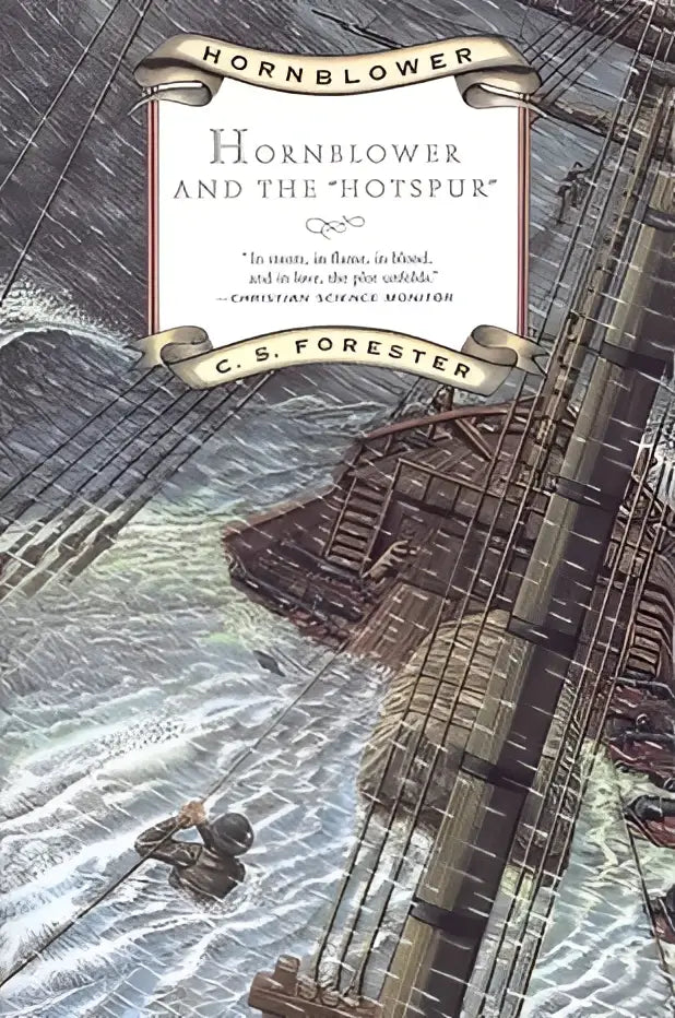 De boekcover van hornblower and the hotspur toont een gedetailleerde tekening van het schip op ruige zeeën