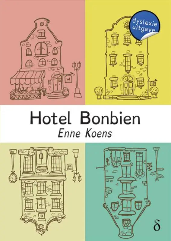 De book cover van hotel bonbien toont een handgetekende illustratie van vier verschillende europees-stijl gebouwen in gekleurde panelen